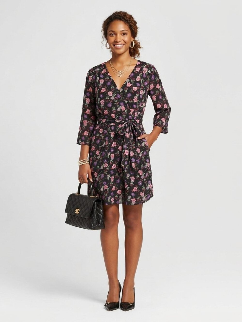 DR2 by Daniel Rainn Black Floral Faux Wrap Mini Dress Size L Pockets Long Sleeve